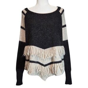 Free People Oversize Gray Stripe Fringe Sweater Boho Cabin Cozy Western Womens S